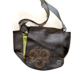 Haiku Crossbody Messenger Purse Bag Brown Vegan Pebble Leather Gray Strap Medium